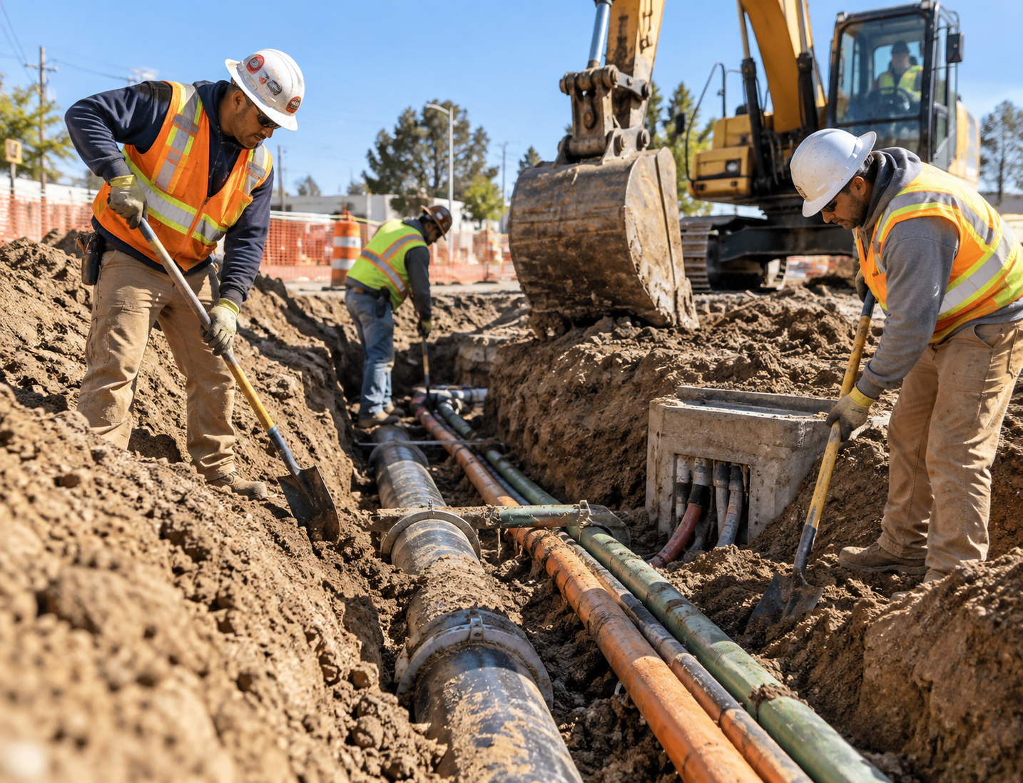 Construction crew excavating around existing underground utilities